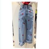 New spring autumn Korean straight jeans women high waist love heart stitching fashion loose denim pants truosers r1303