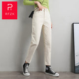 Rfzk Cotton White Jeans for Women High Waist Mom Jeans Spring 2020 New Plus Size Women Jeans Denim Pants beige